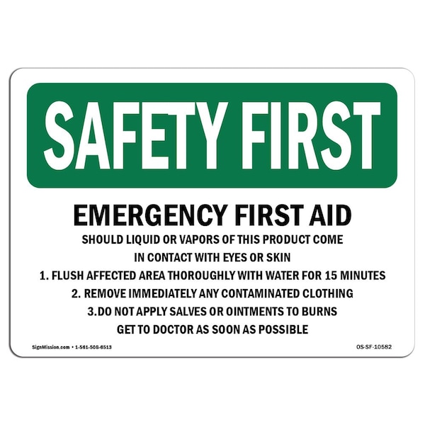 OSHA, 18" Height, Rigid Plastic, 24" x 18", Landscape, Emergency First Aid Should Liquid Or Vapors